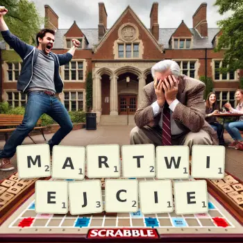 Kreatywna ilustracja do gry w Scrabble ze słowem MARTWIEJCIE ułożonym z płytek na planszy.