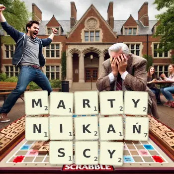 Kreatywna ilustracja do gry w Scrabble ze słowem MARTYNIKAŃSCY ułożonym z płytek na planszy.