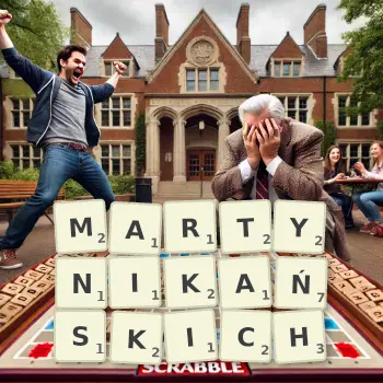 Kreatywna ilustracja do gry w Scrabble ze słowem MARTYNIKAŃSKICH ułożonym z płytek na planszy.