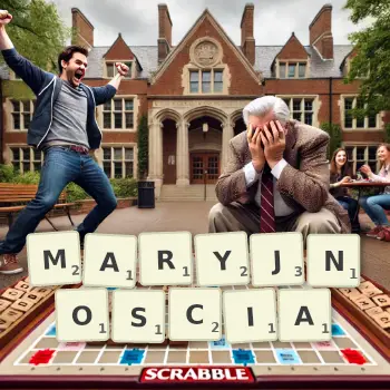 Kreatywna ilustracja do gry w Scrabble ze słowem MARYJNOSCIA ułożonym z płytek na planszy.