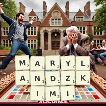 Kreatywna ilustracja do gry w Scrabble ze słowem MARYLANDZKIMI ułożonym z płytek na planszy.