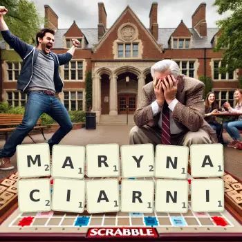 Kreatywna ilustracja do gry w Scrabble ze słowem MARYNACIARNI ułożonym z płytek na planszy.