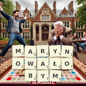 Kreatywna ilustracja do gry w Scrabble ze słowem MARYNOWAŁOBYM ułożonym z płytek na planszy.