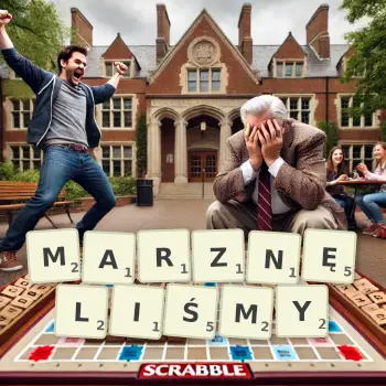 Kreatywna ilustracja do gry w Scrabble ze słowem MARZNĘLIŚMY ułożonym z płytek na planszy.