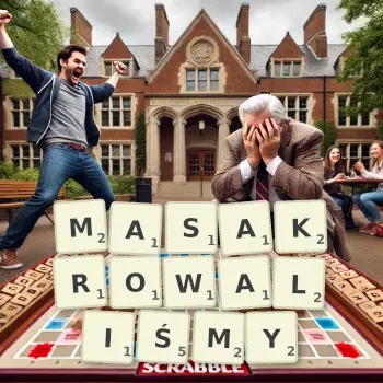Kreatywna ilustracja do gry w Scrabble ze słowem MASAKROWALIŚMY ułożonym z płytek na planszy.