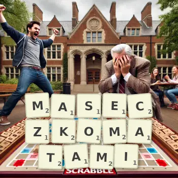 Kreatywna ilustracja do gry w Scrabble ze słowem MASECZKOMATAMI ułożonym z płytek na planszy.