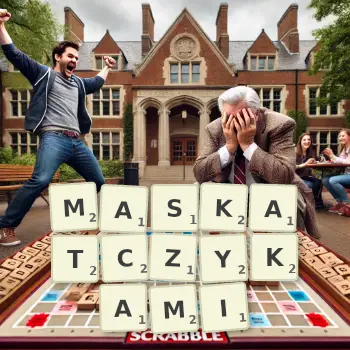 Kreatywna ilustracja do gry w Scrabble ze słowem MASKATCZYKAMI ułożonym z płytek na planszy.
