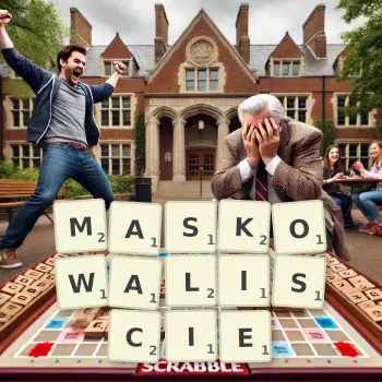 Kreatywna ilustracja do gry w Scrabble ze słowem MASKOWALISCIE ułożonym z płytek na planszy.