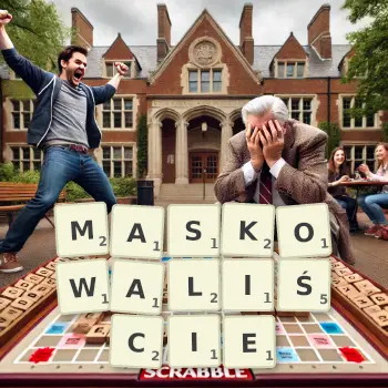 Kreatywna ilustracja do gry w Scrabble ze słowem MASKOWALIŚCIE ułożonym z płytek na planszy.