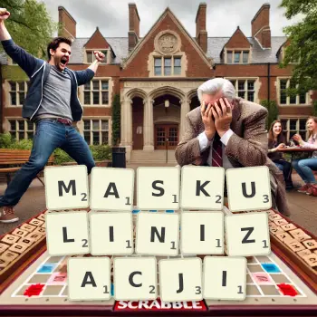 Kreatywna ilustracja do gry w Scrabble ze słowem MASKULINIZACJI ułożonym z płytek na planszy.