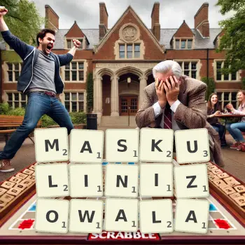 Kreatywna ilustracja do gry w Scrabble ze słowem MASKULINIZOWALA ułożonym z płytek na planszy.