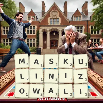 Kreatywna ilustracja do gry w Scrabble ze słowem MASKULINIZOWALI ułożonym z płytek na planszy.