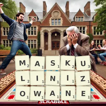 Kreatywna ilustracja do gry w Scrabble ze słowem MASKULINIZOWANE ułożonym z płytek na planszy.