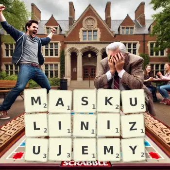 Kreatywna ilustracja do gry w Scrabble ze słowem MASKULINIZUJEMY ułożonym z płytek na planszy.