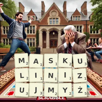 Kreatywna ilustracja do gry w Scrabble ze słowem MASKULINIZUJMYŻ ułożonym z płytek na planszy.