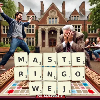 Kreatywna ilustracja do gry w Scrabble ze słowem MASTERINGOWEJ ułożonym z płytek na planszy.