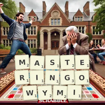 Kreatywna ilustracja do gry w Scrabble ze słowem MASTERINGOWYMI ułożonym z płytek na planszy.