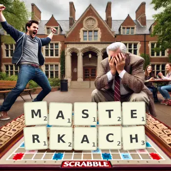 Kreatywna ilustracja do gry w Scrabble ze słowem MASTERKACH ułożonym z płytek na planszy.