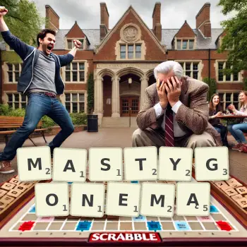 Kreatywna ilustracja do gry w Scrabble ze słowem MASTYGONEMĄ ułożonym z płytek na planszy.