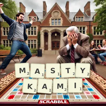 Kreatywna ilustracja do gry w Scrabble ze słowem MASTYKAMI ułożonym z płytek na planszy.