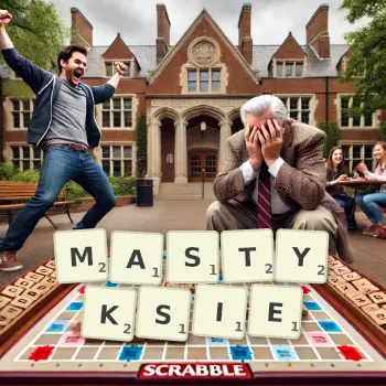 Kreatywna ilustracja do gry w Scrabble ze słowem MASTYKSIE ułożonym z płytek na planszy.