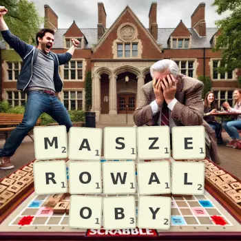 Kreatywna ilustracja do gry w Scrabble ze słowem MASZEROWALOBY ułożonym z płytek na planszy.