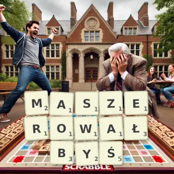 Kreatywna ilustracja do gry w Scrabble ze słowem MASZEROWAŁBYŚ ułożonym z płytek na planszy.