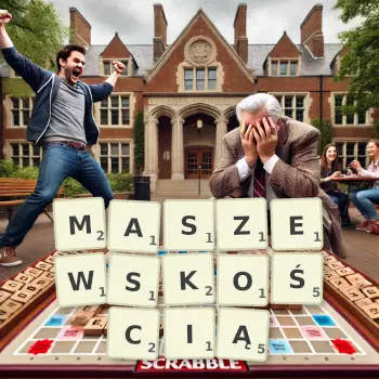 Kreatywna ilustracja do gry w Scrabble ze słowem MASZEWSKOŚCIĄ ułożonym z płytek na planszy.