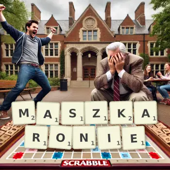 Kreatywna ilustracja do gry w Scrabble ze słowem MASZKARONIE ułożonym z płytek na planszy.