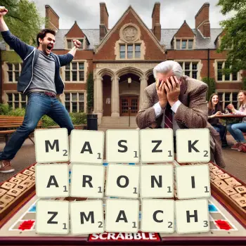 Kreatywna ilustracja do gry w Scrabble ze słowem MASZKARONIZMACH ułożonym z płytek na planszy.
