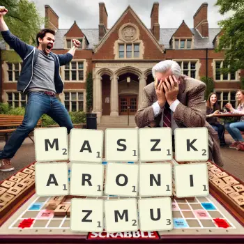 Kreatywna ilustracja do gry w Scrabble ze słowem MASZKARONIZMU ułożonym z płytek na planszy.