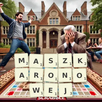 Kreatywna ilustracja do gry w Scrabble ze słowem MASZKARONOWEJ ułożonym z płytek na planszy.