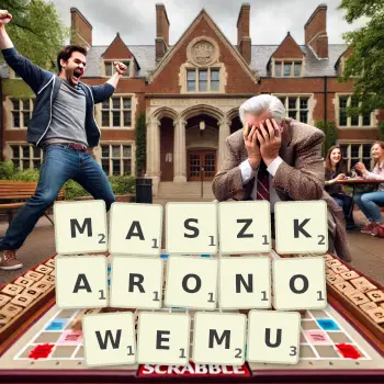 Kreatywna ilustracja do gry w Scrabble ze słowem MASZKARONOWEMU ułożonym z płytek na planszy.
