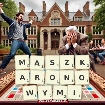 Kreatywna ilustracja do gry w Scrabble ze słowem MASZKARONOWYMI ułożonym z płytek na planszy.