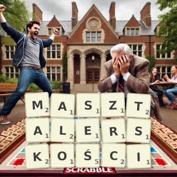 Kreatywna ilustracja do gry w Scrabble ze słowem MASZTALERSKOŚCI ułożonym z płytek na planszy.