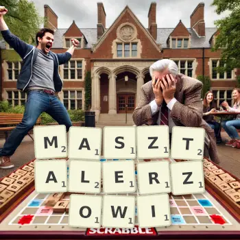 Kreatywna ilustracja do gry w Scrabble ze słowem MASZTALERZOWI ułożonym z płytek na planszy.