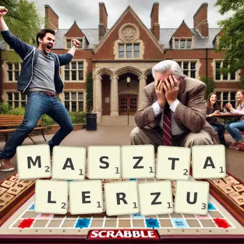 Kreatywna ilustracja do gry w Scrabble ze słowem MASZTALERZU ułożonym z płytek na planszy.