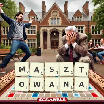 Kreatywna ilustracja do gry w Scrabble ze słowem MASZTOWANA ułożonym z płytek na planszy.