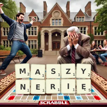 Kreatywna ilustracja do gry w Scrabble ze słowem MASZYNERIĘ ułożonym z płytek na planszy.