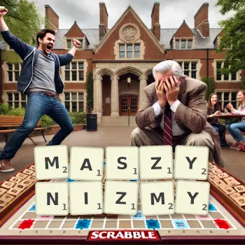 Kreatywna ilustracja do gry w Scrabble ze słowem MASZYNIZMY ułożonym z płytek na planszy.