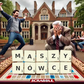Kreatywna ilustracja do gry w Scrabble ze słowem MASZYNÓWCE ułożonym z płytek na planszy.