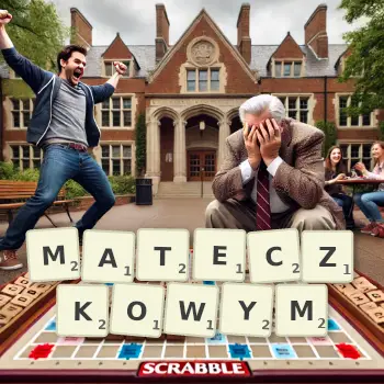 Kreatywna ilustracja do gry w Scrabble ze słowem MATECZKOWYM ułożonym z płytek na planszy.