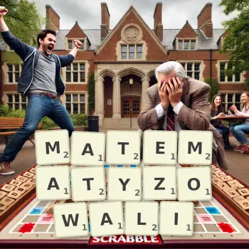 Kreatywna ilustracja do gry w Scrabble ze słowem MATEMATYZOWALI ułożonym z płytek na planszy.