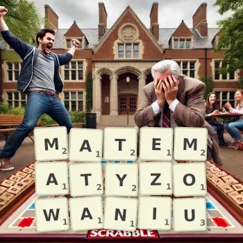 Kreatywna ilustracja do gry w Scrabble ze słowem MATEMATYZOWANIU ułożonym z płytek na planszy.