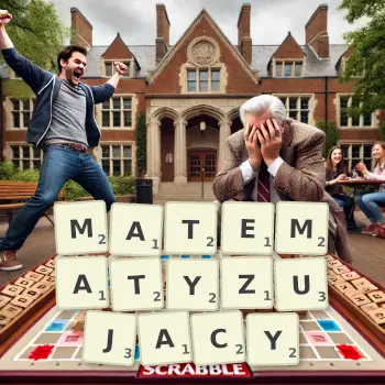 Kreatywna ilustracja do gry w Scrabble ze słowem MATEMATYZUJACY ułożonym z płytek na planszy.