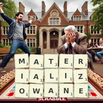 Kreatywna ilustracja do gry w Scrabble ze słowem MATERIALIZOWANE ułożonym z płytek na planszy.