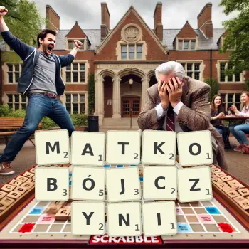 Kreatywna ilustracja do gry w Scrabble ze słowem MATKOBÓJCZYNI ułożonym z płytek na planszy.