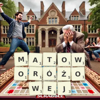 Kreatywna ilustracja do gry w Scrabble ze słowem MATOWORÓŻOWEJ ułożonym z płytek na planszy.
