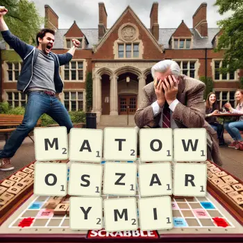 Kreatywna ilustracja do gry w Scrabble ze słowem MATOWOSZARYMI ułożonym z płytek na planszy.
