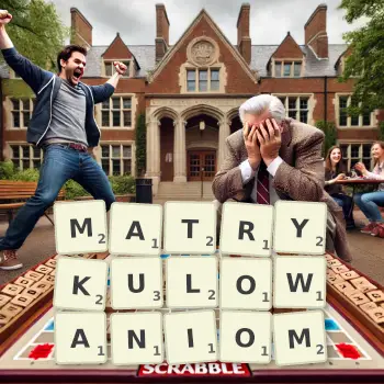 Kreatywna ilustracja do gry w Scrabble ze słowem MATRYKULOWANIOM ułożonym z płytek na planszy.